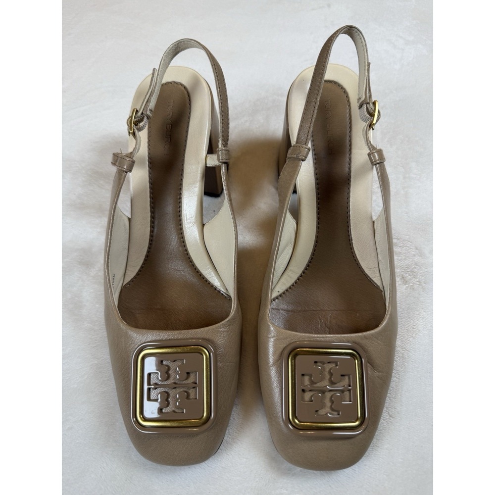 Tory Burch Double T Logo Slingback Pumps Women 8M Taupe Leather Block Heel